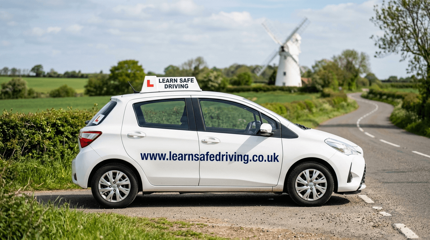Learn Safe Driving instructor car, a white Toyota Yaris, on a country road in Norfolk