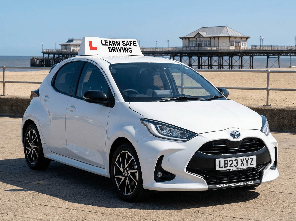 Learn Safe Driving car on Great Yarmouth seafront, with the pier and beach behind