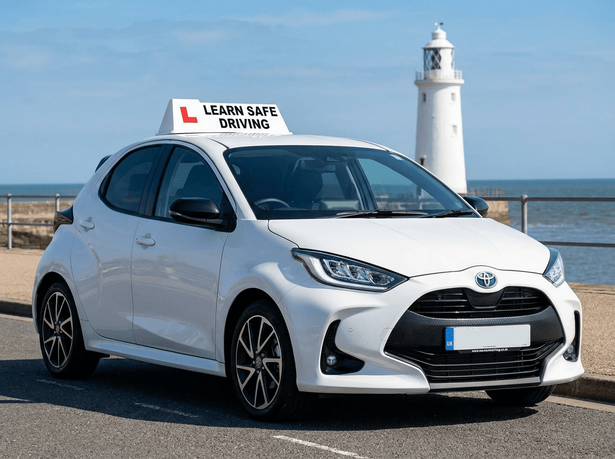 Learn Safe Driving car on Lowestoft seafront, with the lighthouse in the background