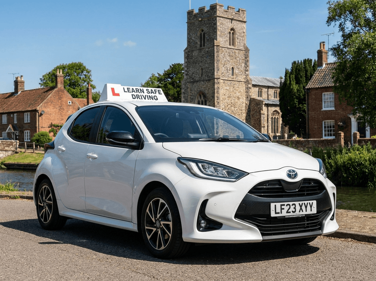 Learn Safe Driving car beside a flint village church and pond near Poringland