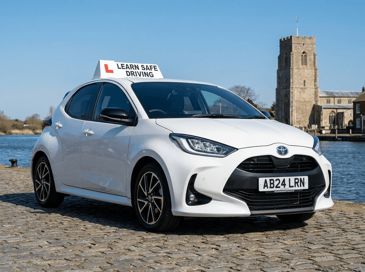 Learn Safe Driving car on Beccles Quay beside the River Waveney, with St Michael's Church tower behind