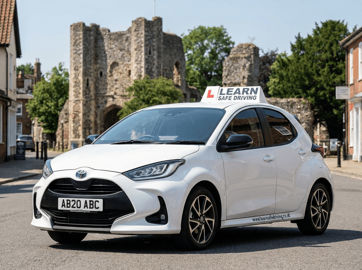 Learn Safe Driving car in front of the ruins of Bungay Castle