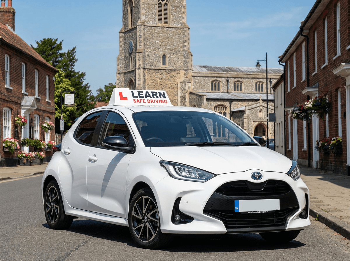 Learn Safe Driving car on the high street in front of the parish church tower in Long Stratton