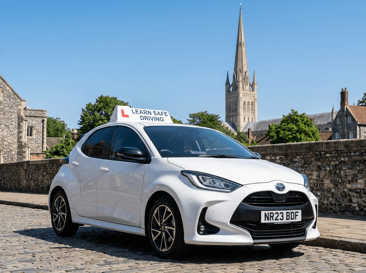 Learn Safe Driving car parked on a cobbled street with Norwich Cathedral's spire behind it