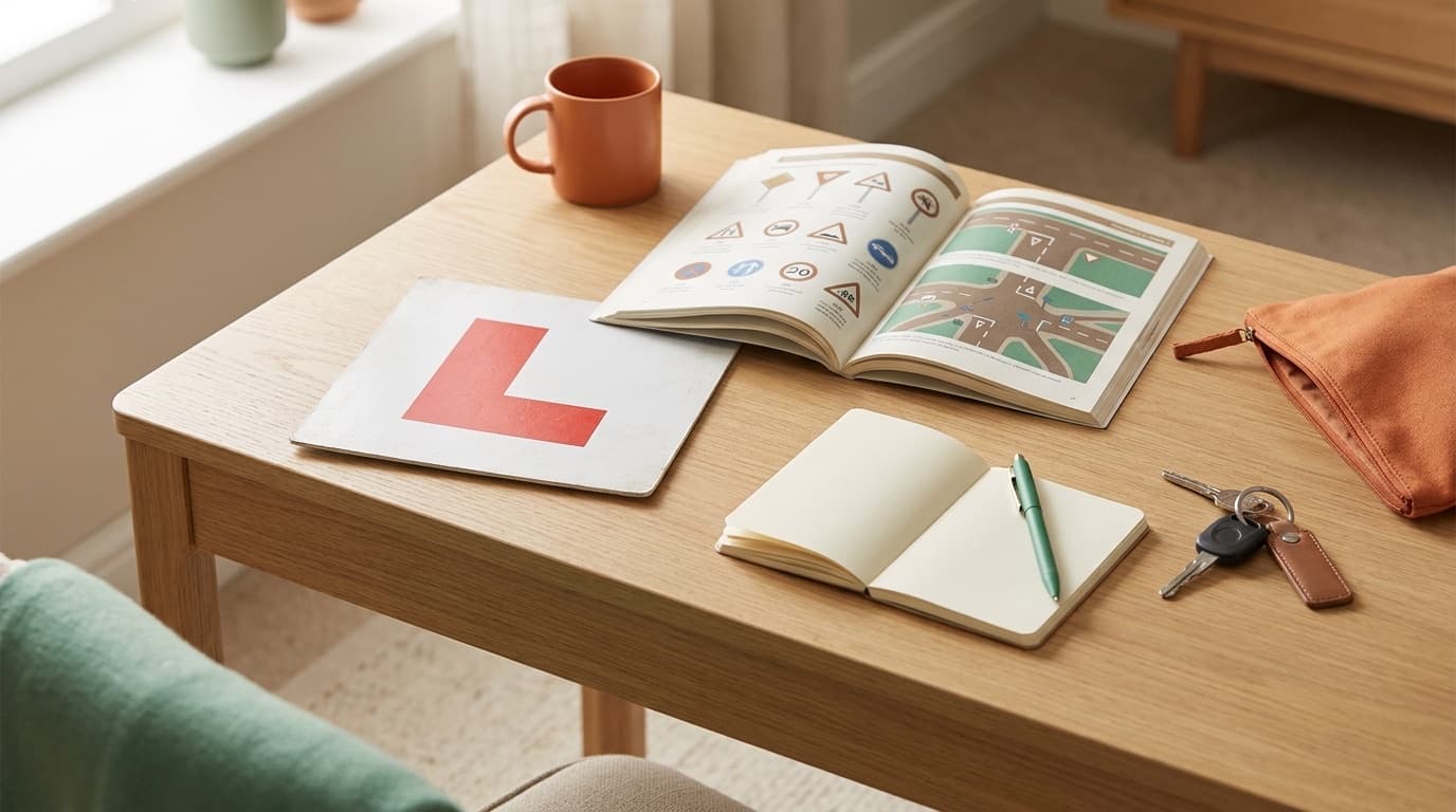 Learner driver study materials on a desk in Norfolk — a red L-plate, an open Highway Code road-signs book, a notebook and car keys